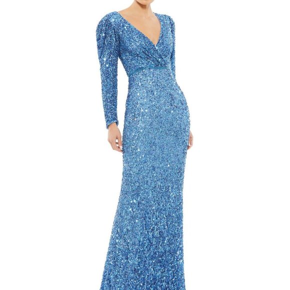 NWT Mac Duggal Puff Shoulder Sequined Long Gown Formal Dress Blue  5510 - Picture 2 of 6
